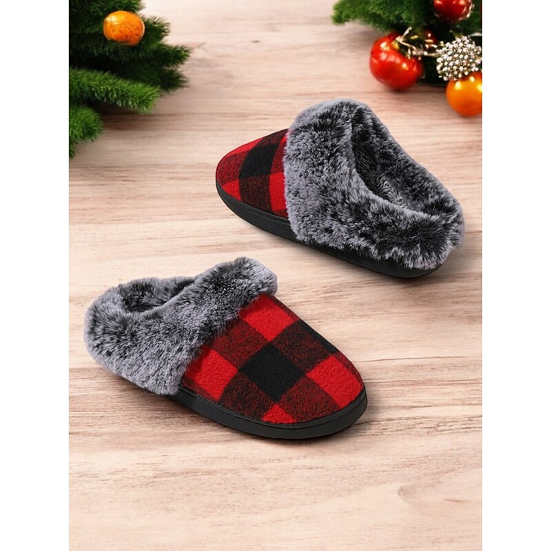 Women's Cozy Fleece-Lined Plaid Slippers - Red and Black Buffalo Check House Shoes with Faux Fur Collar for Winter Comfort2