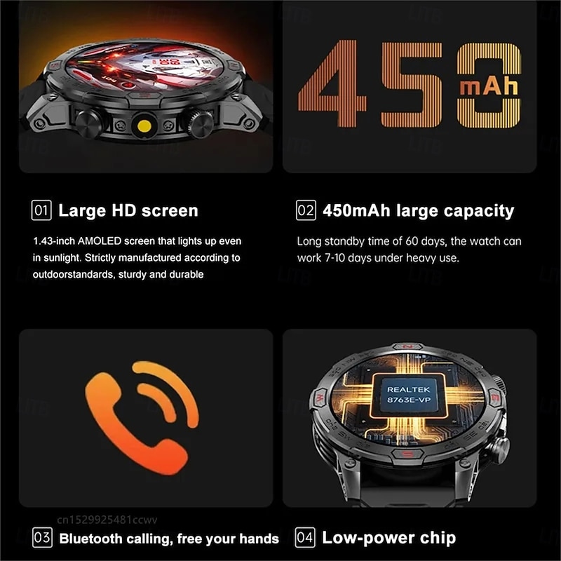 KC86 Smart Watch 1.43 AMOLED Screen 1ATM Waterproof Compass Altitude Barometer LED Flashlight Sports Watch3