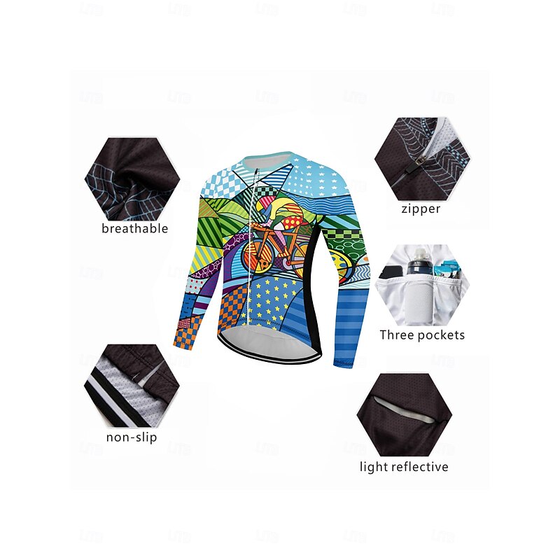 Men's Cycling Jersey Geometic Long Sleeve Bike Top with 3 Rear Pockets Mountain Bike MTB Road Bike Cycling Anti-slip Strap Quick Dry Reflective Strips Back Pocket Sports Blue Clothing Apparel4