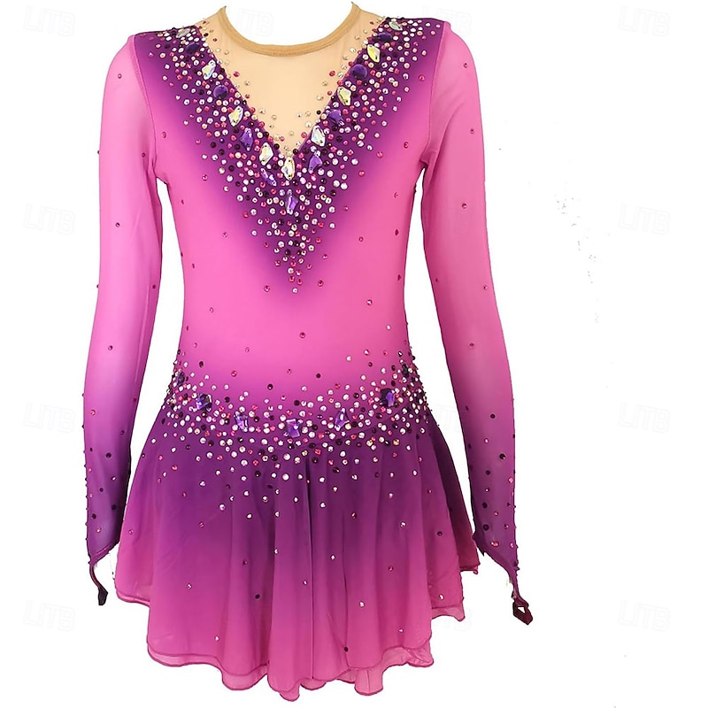 Figure Skating Dress Women's Girls' Ice Skating Dress Purple Gradient Figure Skating Skirt High Elasticity Training Competition Skating Wear Classic Crystal / Rhinestone Long Sleeve Ice Skating Figure Skating