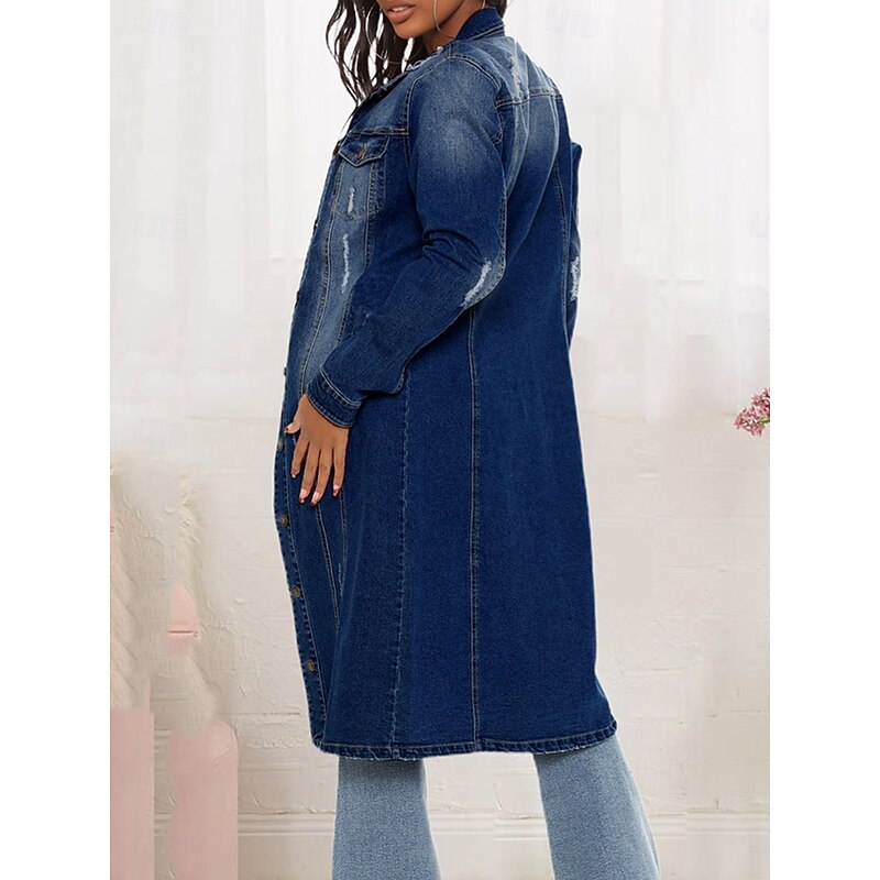 Women's Denim Jacket Outdoor Street Daily Wear Fall Winter Long Coat Regular Fit Thermal Warm Breathable Stylish Casual Jacket Long Sleeve Solid Color with Pockets Light Blue Navy Blue Blue2