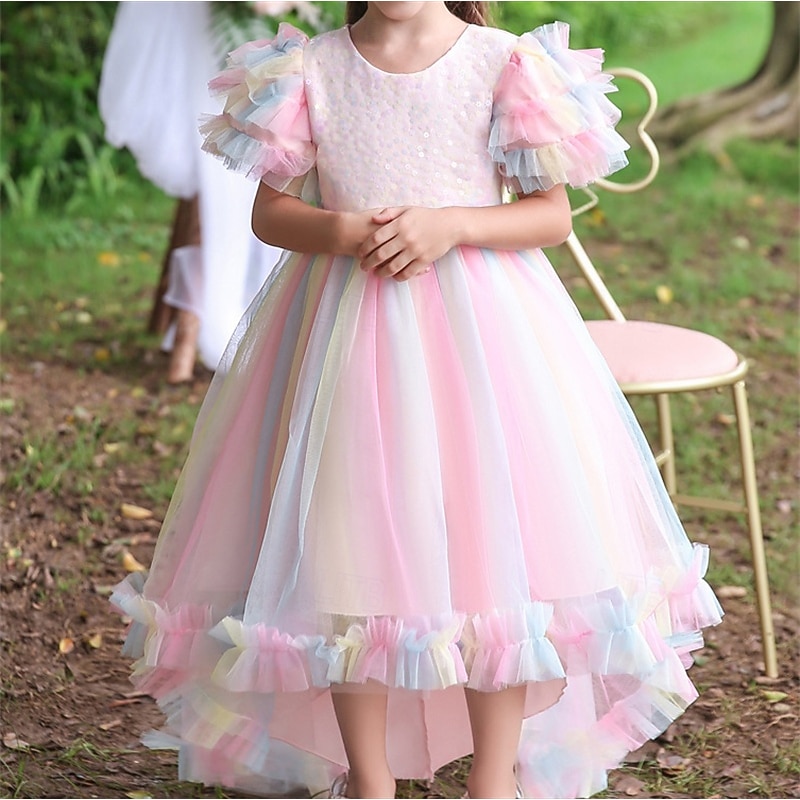 Kids Girls' Cosplay Dress Party Dress Solid Color Rainbow Short Sleeve Performance Christmas Mesh Backless Patchwork Beautiful Sweet Polyester Maxi Party Dress Swing Dress Tulle Dress Winter 4-122
