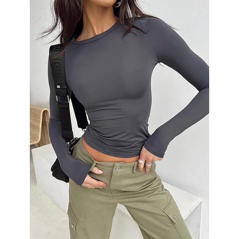 Women's T Shirt Plain Fashion Modern Casual Long Sleeve Crew Neck Regular Tops Daily Weekend Brown Gray Fall Winter2