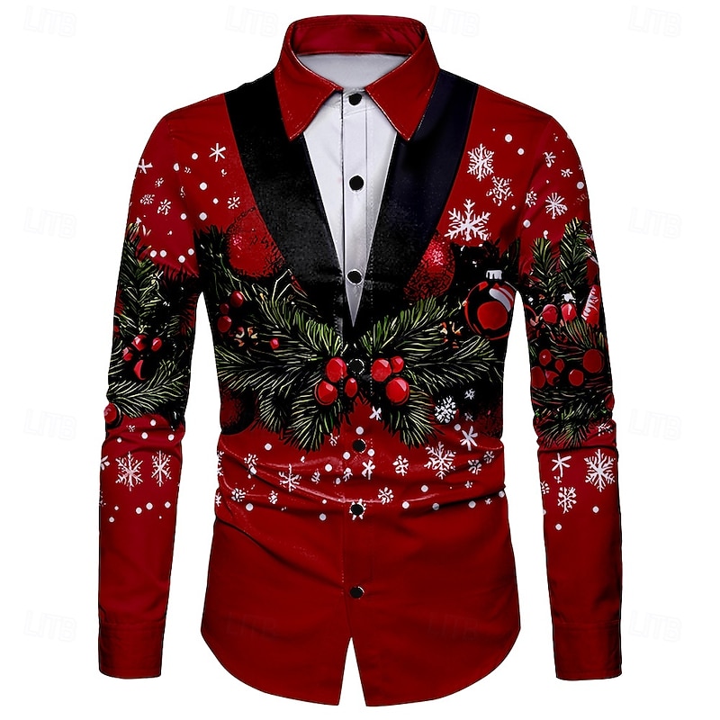 Christmas Men's Satin Shirt Dress Shirt Long Sleeve Fashion Casual Vacation Party Evening Wear Dailywear Summer Spring Fall Collared Shirts 3D Print Red2