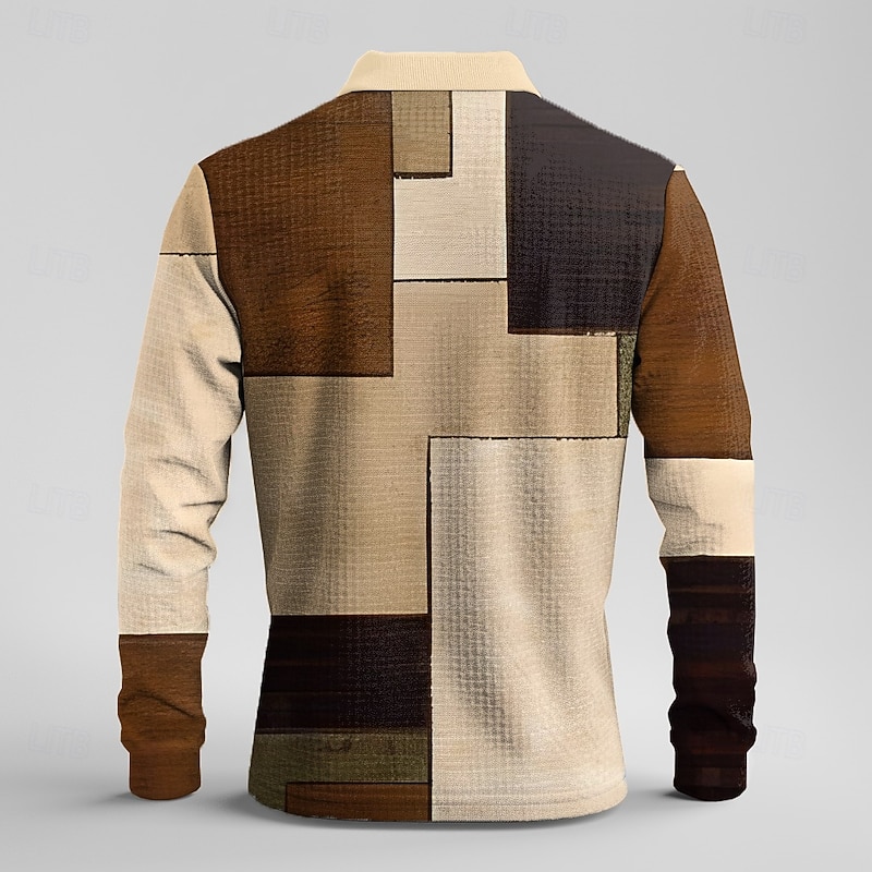 Men's Plaid Waffle Polo Shirts Golf Shirt Long Sleeve Polo Shirts Collared Shirts Vintage Casual Vacation Wear Formal Wear Festival Wear Buttons 3D Print Spring Fall Winter Brown2