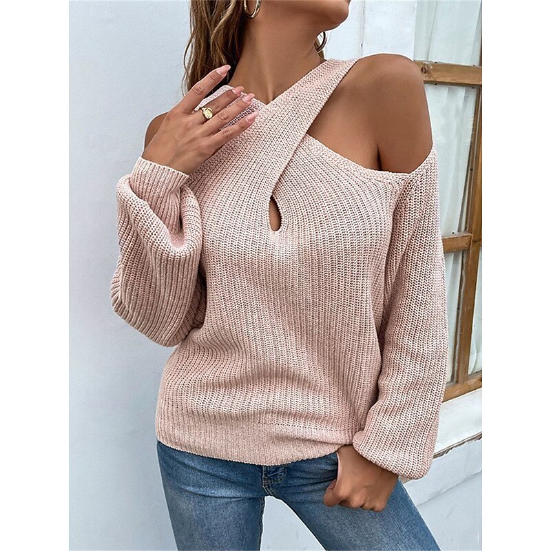 Women's Sweater Pullover Sweater Jumper Casual Soft Pure Color Ribbed V Neck Knitted Long Sleeve Regular Tops Knit Outdoor Daily Weekend Pink Khaki Fall Winter3