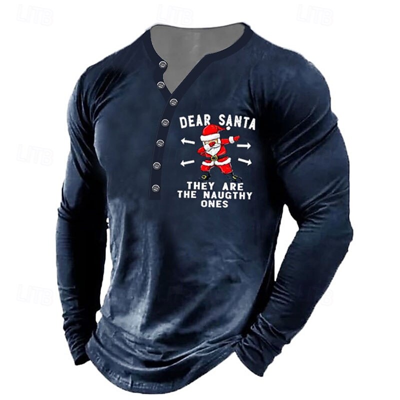 Christmas Men's Santa Claus Henley T Shirt Tee Henley Tee Graphic Santa Claus Henley Black Wine Army Green Navy Blue Gray 3D Print Outdoor Long Sleeve Button-Down Print Clothing Apparel Designer4