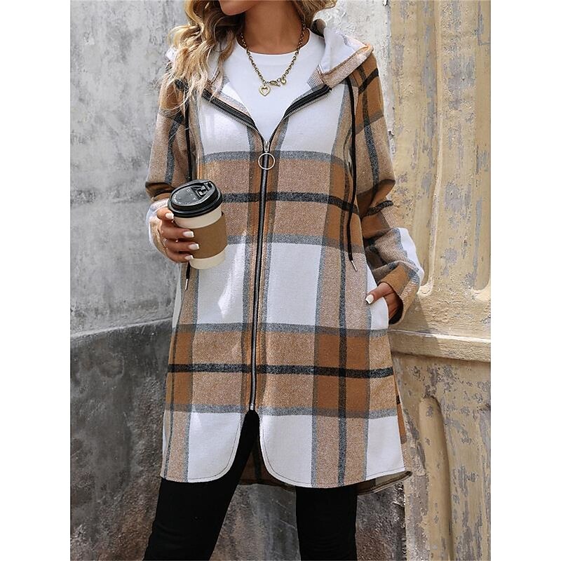 Women's Winter Coat Hoodie Jacket Outdoor Street Daily Wear Fall Winter Long Coat Regular Fit Thermal Warm Breathable Stylish Casual Jacket Long Sleeve Stripes and Plaid with Pockets Full Zip Khaki4