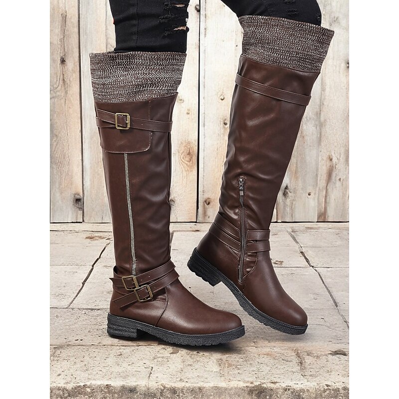 Women's Brown Knee-High Faux Leather Boots with Knit Cuff and Buckle Straps – Casual Winter Riding Boots4