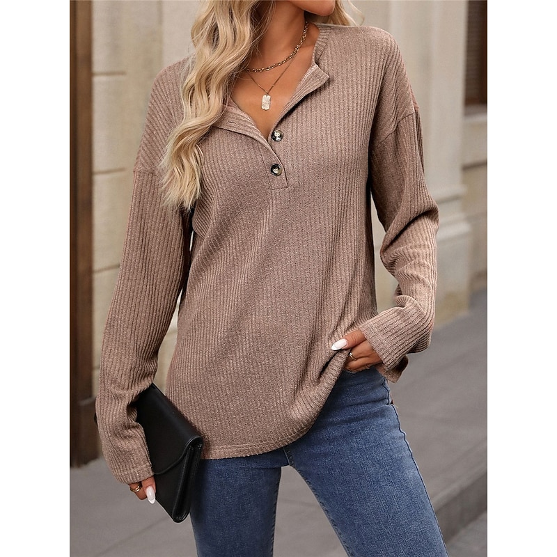 Women's Shirt Blouse Solid Color Basic Casual Long Sleeve V Neck Regular Tops Daily Buttons Black Pink Army Green Khaki Fall Winter3