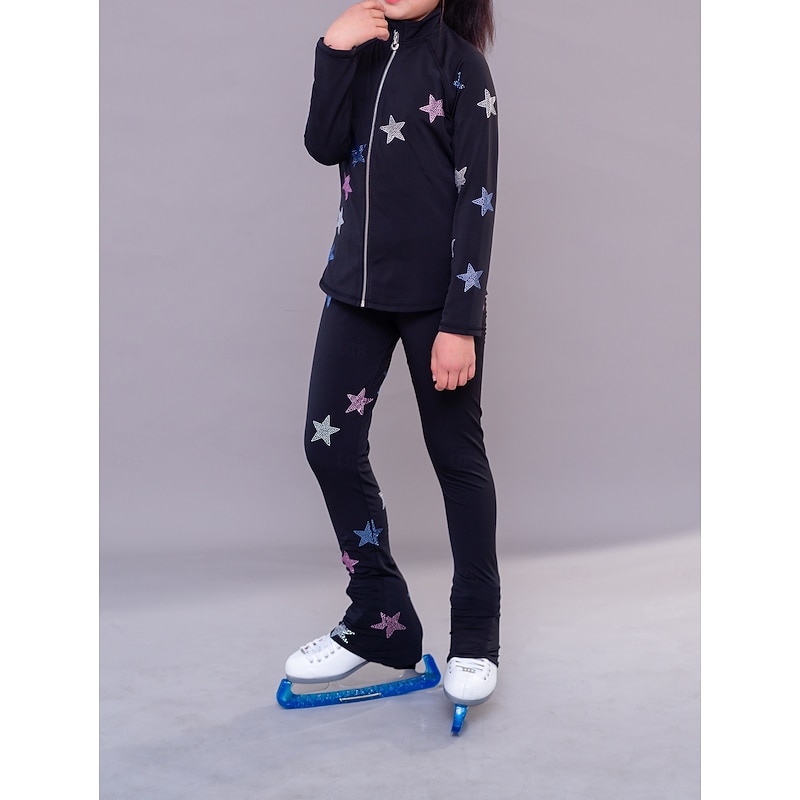 Figure Skating Fleece Jacket Figure Skating Pants Figure Skating Jacket with Pants Women's Girls' Ice Skating Jacket Tights Outfits Black Patchwork Spandex Stretchy Training Practice Professional