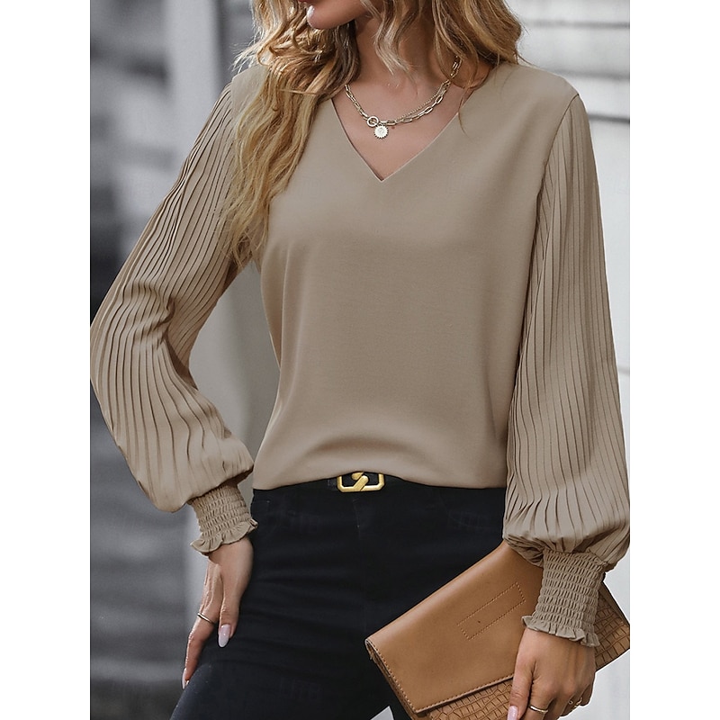Women's Shirt Blouse Solid Color Basic Casual Long Sleeve V Neck Regular Tops Daily Pink Khaki Light Blue Fall Winter4