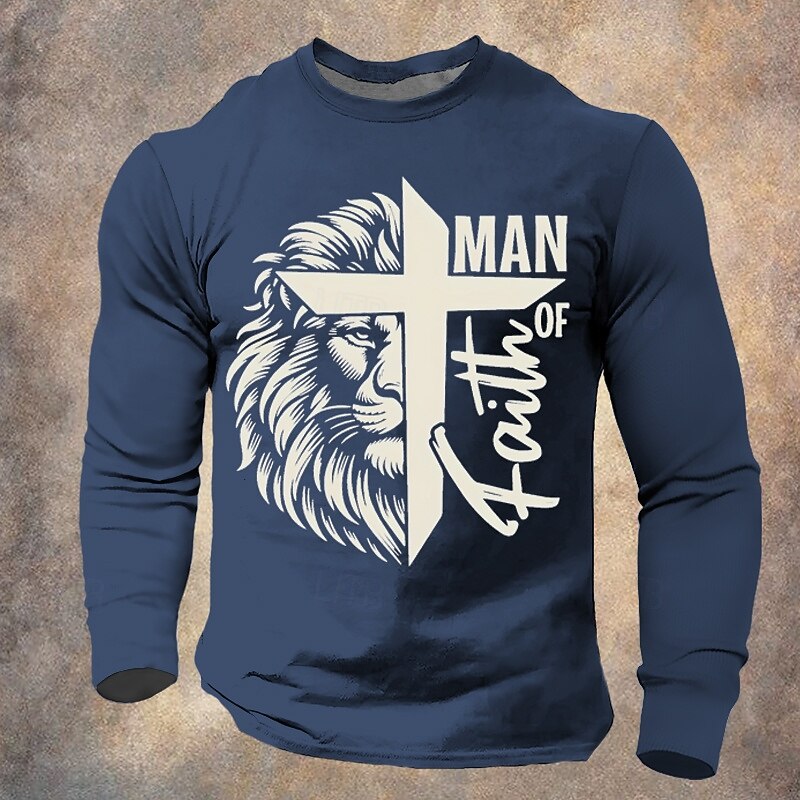 Men's Lion Cross Faith T Shirt Long Sleeve T shirt 3D Print Crew Neck Shirt Fashion Daily Designer Street Casual Black Blue Green Summer Spring Fall Clothing Apparel S M L XL XXL XXXL