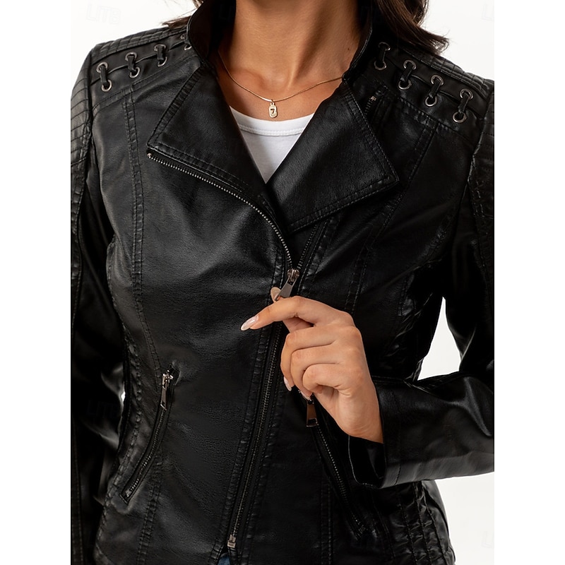 Women's Faux Leather Jacket Outdoor Street Daily Wear Fall Winter Short Coat Regular Fit Thermal Warm Breathable Stylish Casual Jacket Long Sleeve Plain with Pockets Full Zip Black Pink Red4