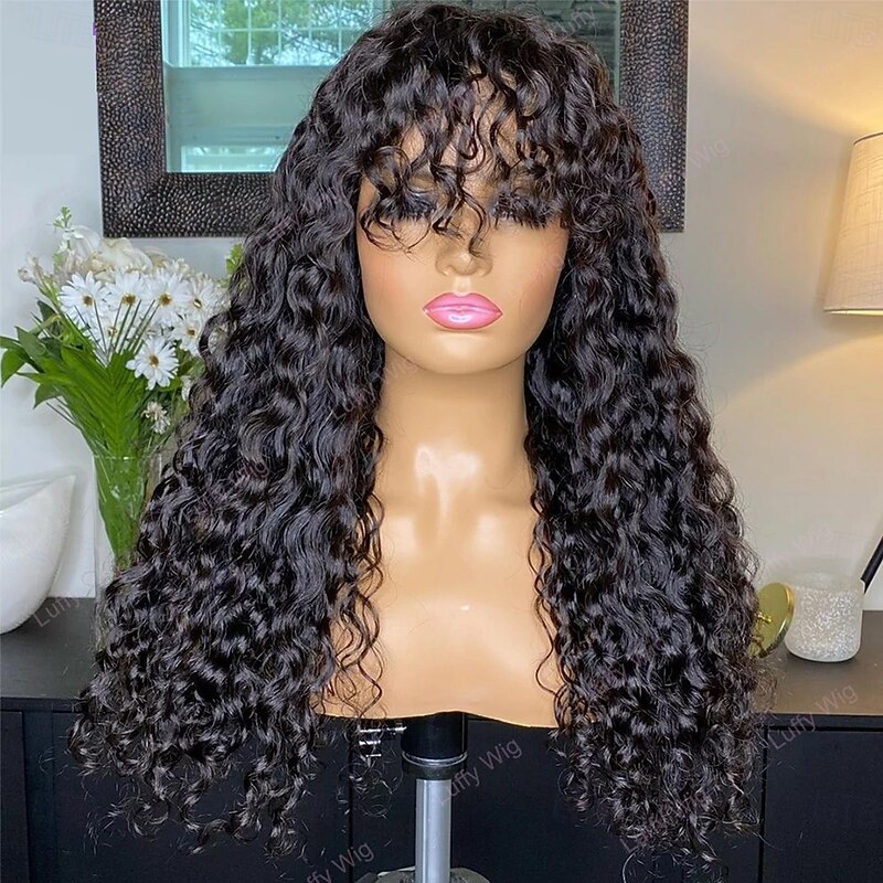 Remy Human Hair Wig Medium Length Loose Wave With Bangs Natural Color Natural Black Machine Made Vietnamese Hair Women's Black 10 inch 12 inch 14 inch Valentine's Day Daily Wear Birthday2