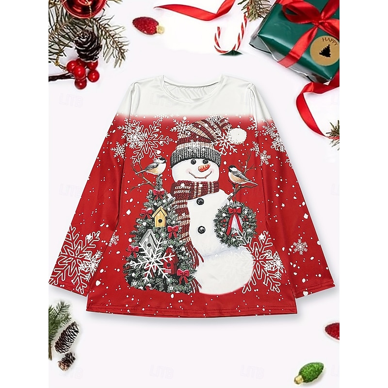 Women's T shirt Long Sleeve Crew Neck Long Sleeve Tunic Snowman Bird Print Holiday Casual Top Red White Snowflake Winter Comfort Soft Fit Festive Season Apparel Sizes Available Prefall3