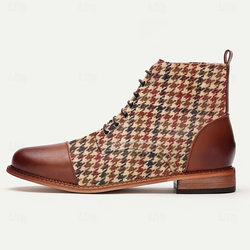 Men's Houndstooth Lace-Up Ankle Boots - Brown and Red Checkered Pattern, Brown Faux Leather Accents, Perfect for Vintage and Casual Style4
