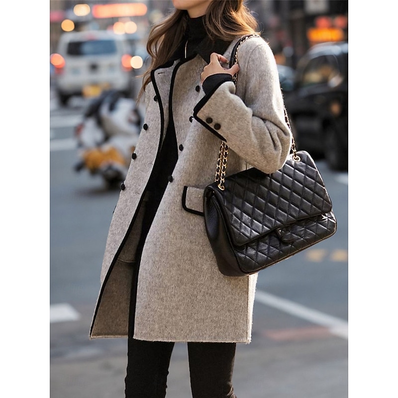 Women's Coat Outdoor Street Daily Wear Fall Winter Long Coat Regular Fit Thermal Warm Breathable Stylish Casual Jacket Long Sleeve Plain Stripes and Plaid with Pockets Gray2