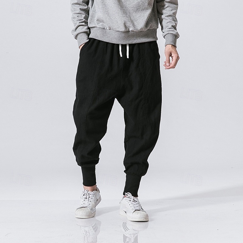 Men's Linen Pants Trousers Patchwork Drawstring Harem Solid Color Breathable Quick Dry Street Casual Athleisure Loose Fit Black Gray Micro-elastic / Winter / Cropped Pants / Moisture Wicking2
