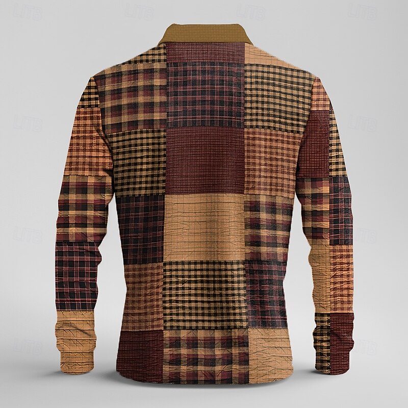 Men's Plaid Waffle Polo Shirts Long Sleeve Polo Shirts Collar Vintage Casual Vacation Party Evening Wear Dailywear Buttons 3D Print Spring Fall Winter Brown2