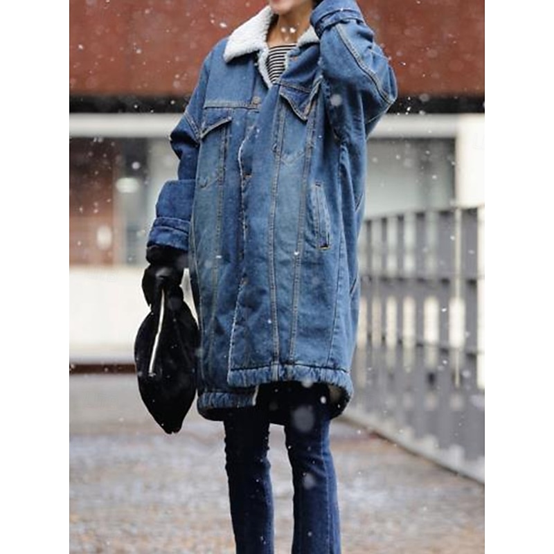 Women's Fleece Jacket Teddy Coat Denim Jacket Warm Breathable Pocket Fleece Lined Casual Plain Vacation Street Daily Wear Going out Single Breasted Long Turndown Regular Fit Long Sleeve Outerwear Blue4