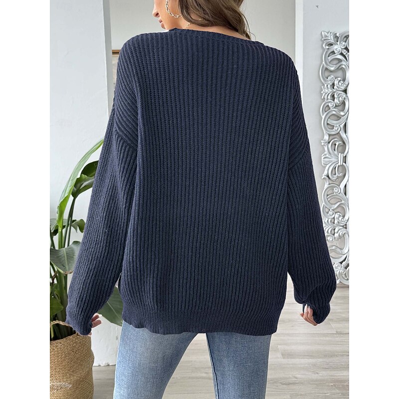 Women's Sweater Pullover Sweater Jumper Casual Soft Pure Color Ribbed V Neck Knitted Long Sleeve Regular Tops Knit Outdoor Daily Weekend Black Navy Blue Fall Winter3