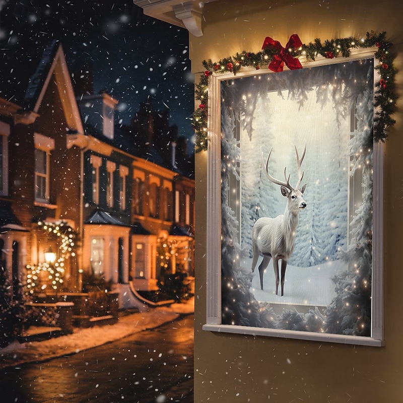 Christmas Window Cover Decorations, Fabric Reindeer Snow Gift Festive Curtain Movie Poster Window Door Covering Decor for Farmhouse House, Happy Christmas Window Clings Decals Indoor Outdoor2