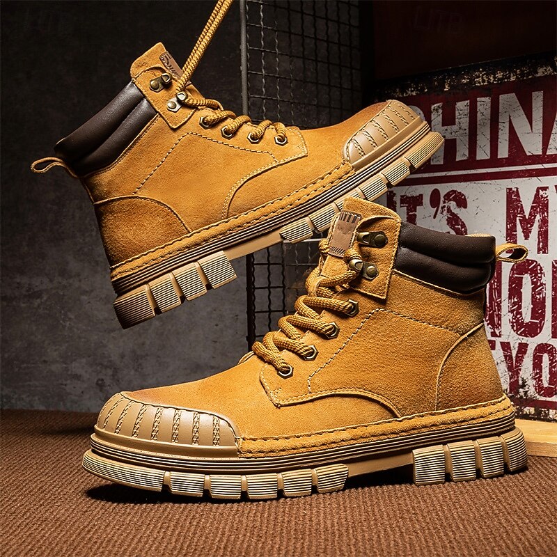 Men's Boots Work Boots Premium Leather Comfortable Slip Resistant Lace-up Yellow Khaki2