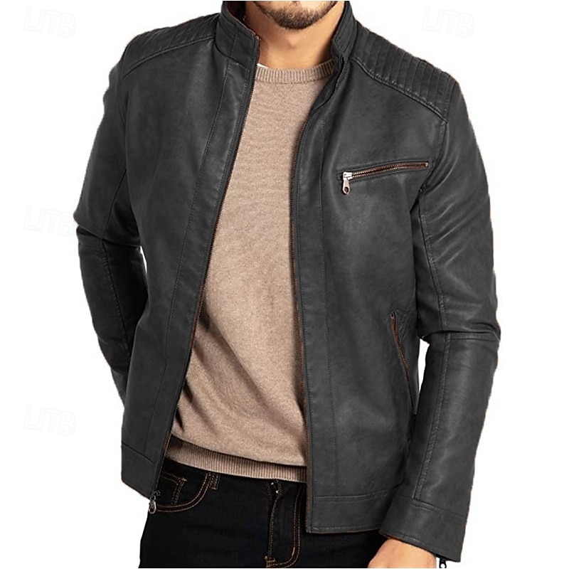 Men's Faux Leather Jacket Transition Jacket Biker Jacket Vintage Leather Jacket Vacation Daily Windproof Warm Pocket Fall & Winter Plain Fashion Classic Stand Collar Regular Faux Leather Black Blue2