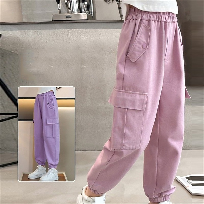 Kids Girls' Trousers Solid Color Sports Pocket School 4 years+ Spring Black Pink Purple2