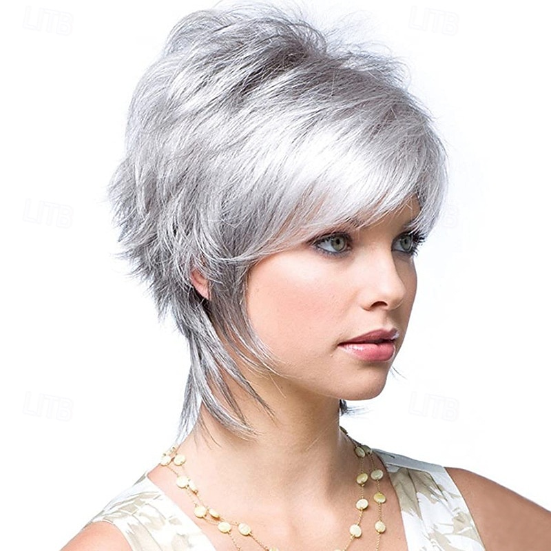 Sliver Gray Wigs Synthetic Wig Straight With Bangs Machine Made Wig Short Synthetic Hair Women's Soft Fashion Easy to Carry