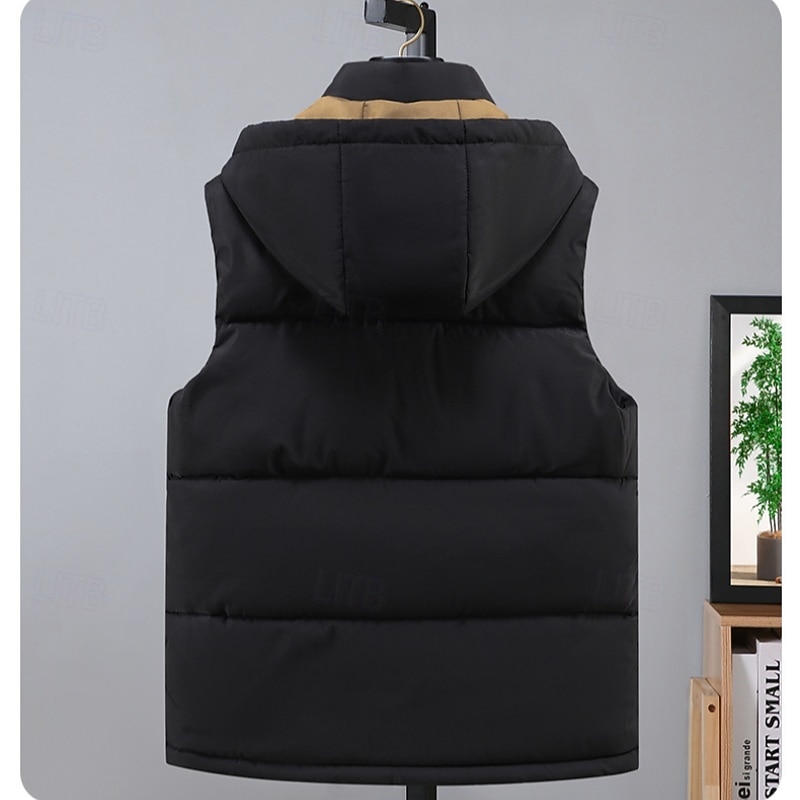 Men's Puffer Vest Hoodie Vest Quilted Vest Daily Wear Vacation Going out Fashion Basic Spring &  Fall Zipper Multi Pocket Polyester Comfortable Plain Hidden Stand Collar Regular Fit Black White Brown3