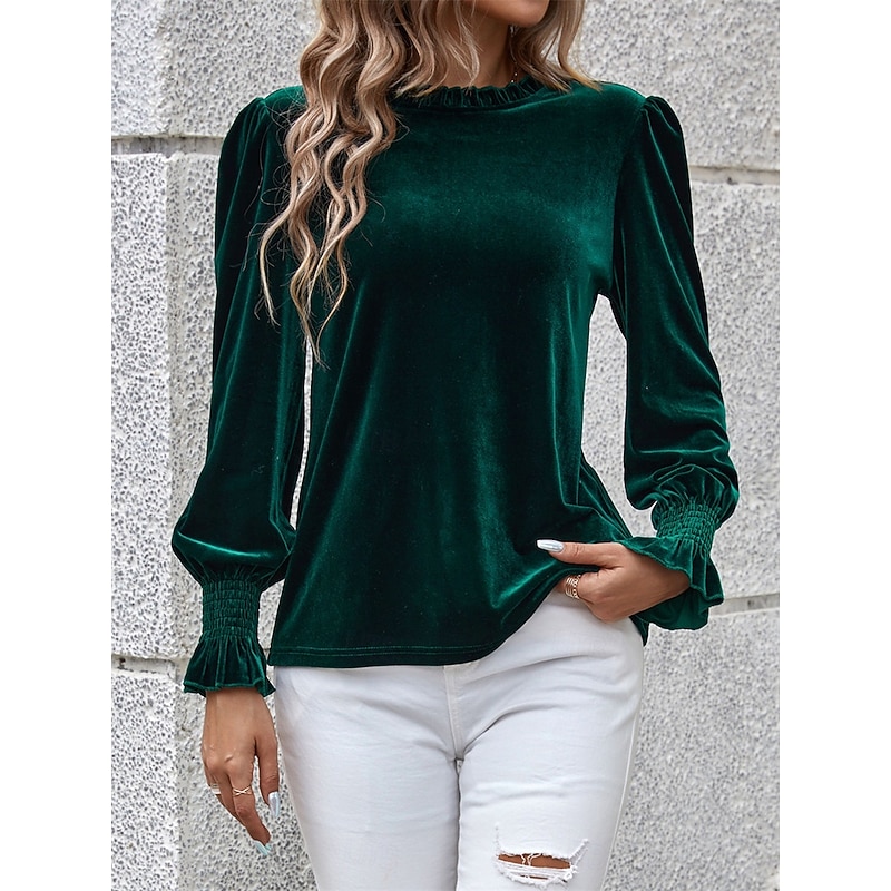 Women's Shirt Velvet Elegant Dressy Solid Color Basic Casual Long Sleeve Turtleneck Regular Tops Daily Green Fall Winter