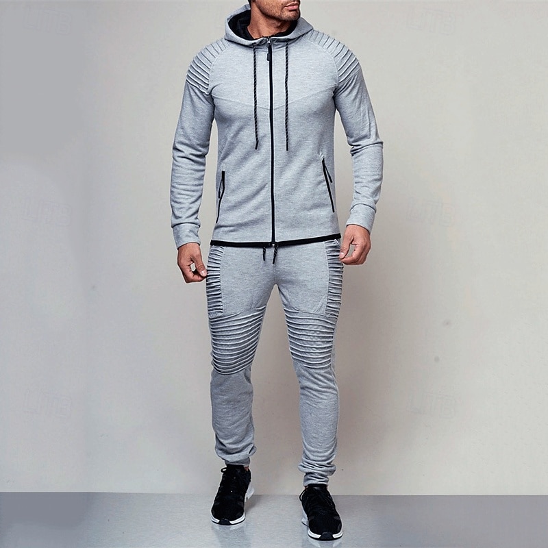 Men's Tracksuit Jogging Suit Drawstring Pocket Solid Colored Jacket and Sweatpants Athletic Clothing Set Spring Dark Grey Black Gym Workout Jogging Running Soft Breathable Long Sleeve Sport Activewear