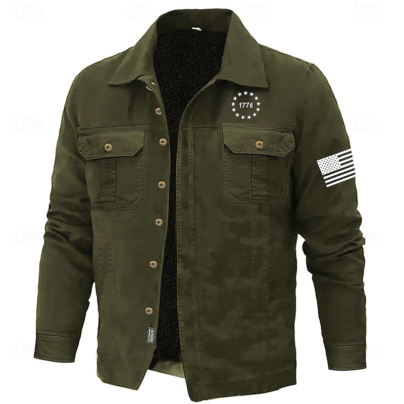 Men's American US Flag 1776 Work Shirt Western Shirt Cargo Shirt Long Sleeve Casual Sports & Outdoor Going out Fall Winter Turndown Print Black Army Green - Main Image