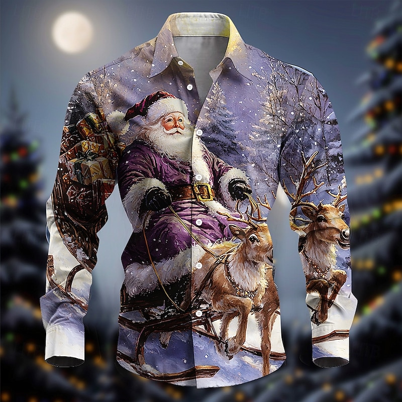 Men's Santa Claus Shirt Button Up Shirt Long Sleeve Casual Party Evening Wear Daily Fall Winter Spring & Summer Shirt Collar Button Up 3D Print White Red Blue Purple4