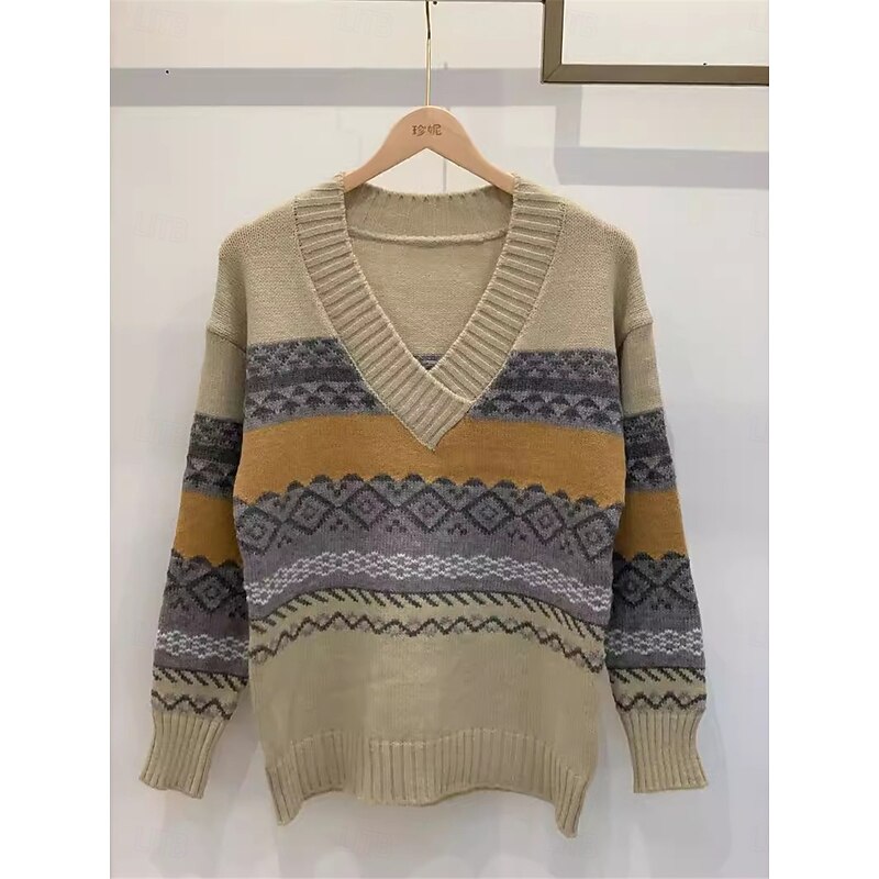 Women's Sweater Pullover Sweater Jumper Vintage Style Casual Soft Geometric Ribbed V Neck Knitted Long Sleeve Regular Tops Knit Outdoor Daily Weekend Khaki Fall Winter2