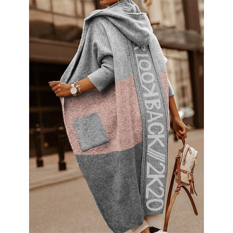 Women's Sweater Cardigan Casual Soft Letter Ribbed Hooded Pocket Knitted Long Sleeve Long Tops Knit Outdoor Daily Weekend White Yellow Fall Winter2
