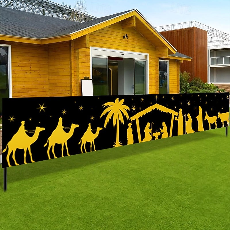 Christmas Banner Signs Nativity Scene Banner Decorations Happy New Years Supplies Fence Yard Sign Indoor Outdoor Decorations Photo Backdrop