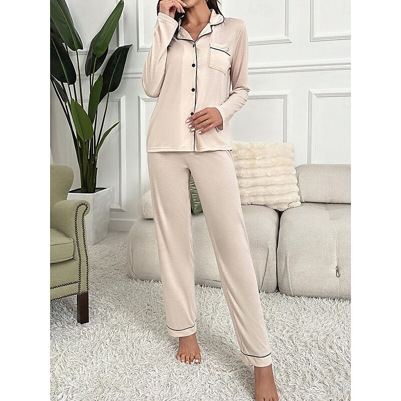 Women's Pajama Set Pure Color Casual Comfort Home Daily Comfort Warm Lapel Long Sleeve Shirt Pant Button Up Elastic Waist Fall Winter Home Outfits4