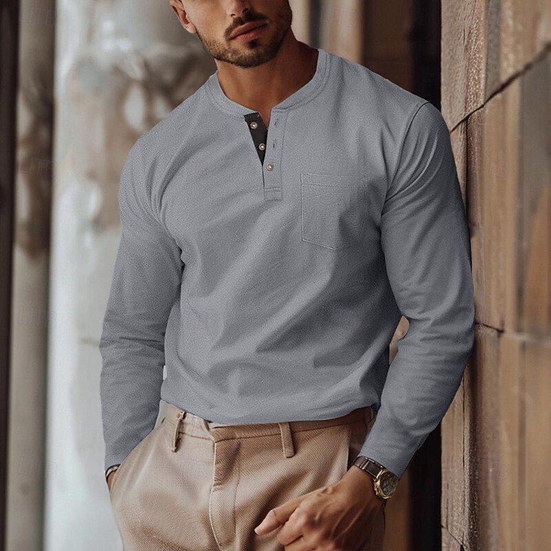 Men's T shirt Tee Henley Shirt Tee Long Sleeve Shirt Plain Henley Casual Holiday Long Sleeve Pocket Button Front Clothing Apparel Cotton Fashion Designer Comfortable Essential2