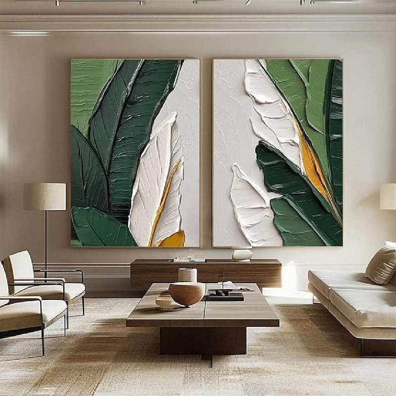Green Leaf Oil Painting Hand painted Colorful Feathers Oil Painting On Canvas Large Wall Art painting Abstract Colorful Painting Custom Painting Living room Home Wall Decor2