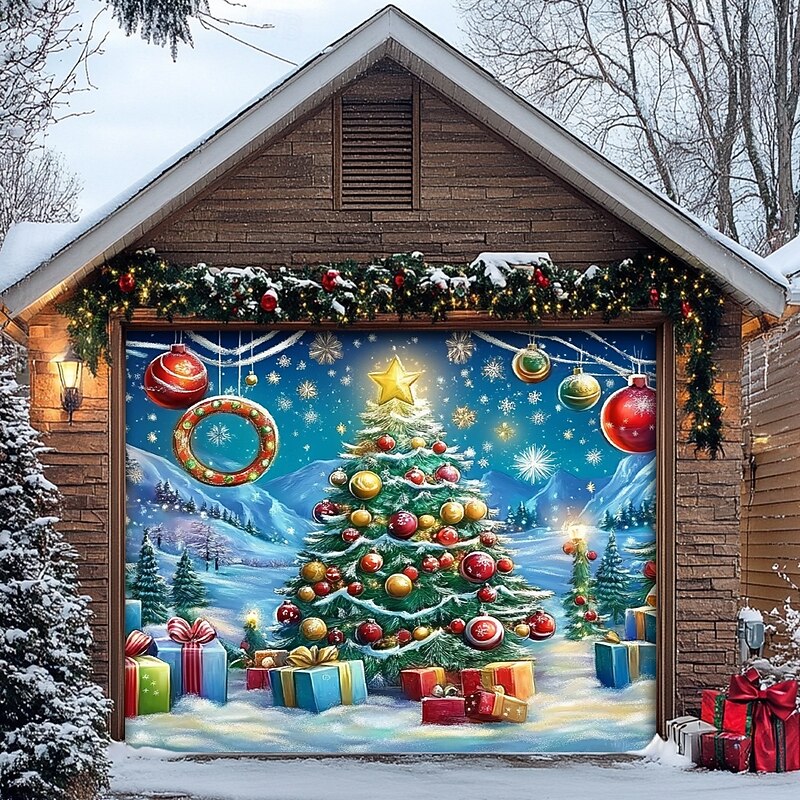 Christmas Door Decorations Outdoor Garage Door Cover Xmas Tree Banner Farmhouse Large Christmas Backdrop for Holiday Outdoor Garage Door Home Wall Decorations 10