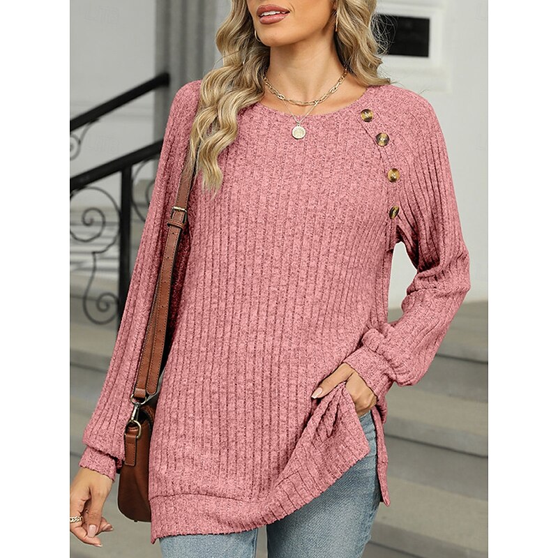 Women's T Shirt Plain Fashion Modern Casual Long Sleeve Crew Neck Regular Tops Daily Weekend Buttons Pink Blue Green Khaki Fall Winter 6