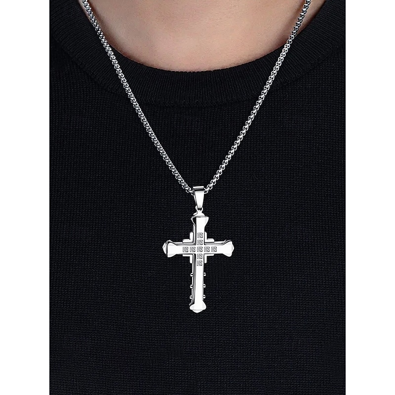 Men's Silver Cross Necklace with Gemstone Accents - Stylish Religious Pendant on Durable Chain for Casual and Formal Wear3