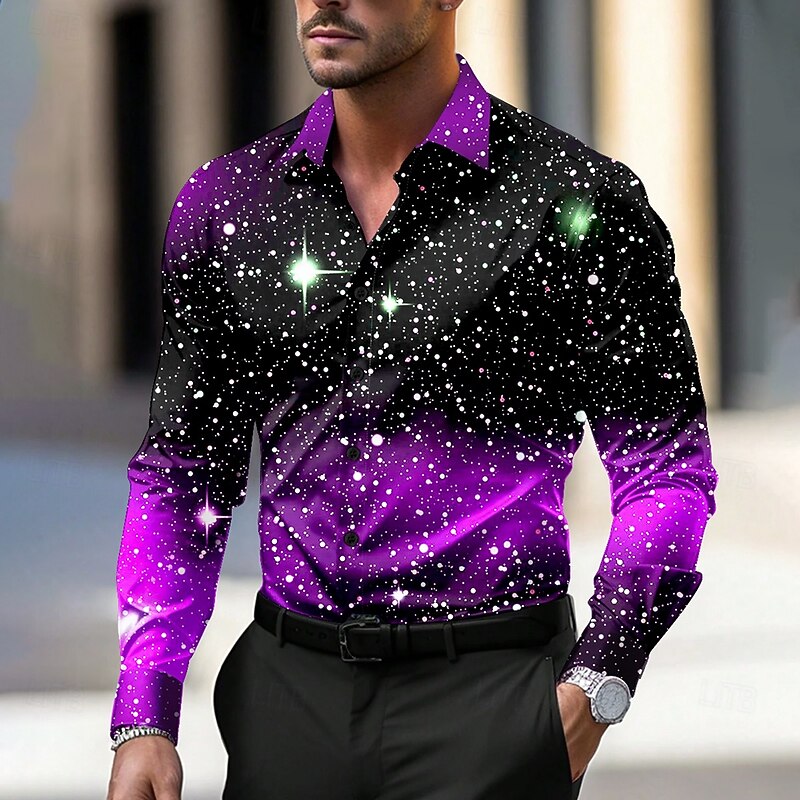 Christmas Men's Star / Galaxy Dress Shirt Button Up Shirt Long Sleeve Artistic Casual Christmas Party Evening Wear Fall Winter Spring & Summer Shirt Collar Button Up 3D Print Red Blue Purple3
