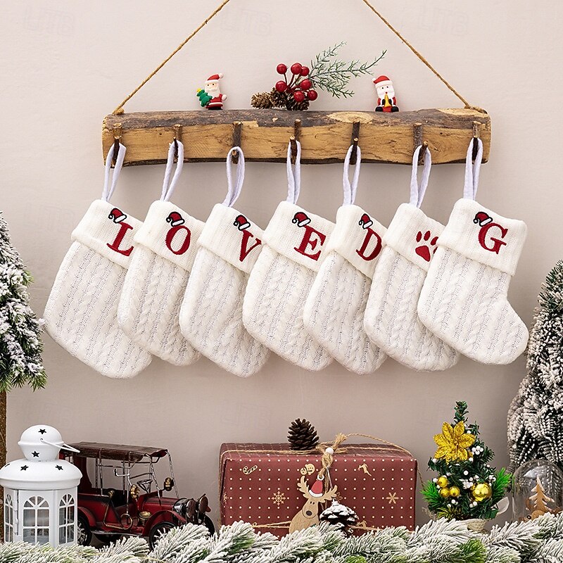 Personalized Mini White Christmas Stockings, Knitted Yarn Socks with Embroidered Letters, Kids Candy Gift Bags, White Christmas Sock Gift Pouches