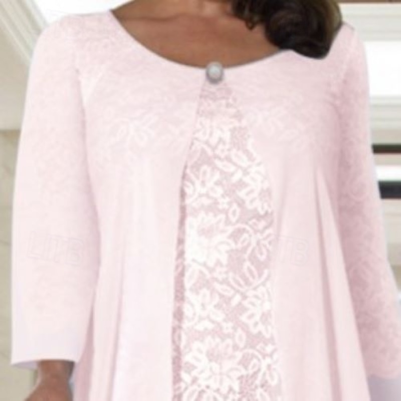 Beach Wedding Two Piece A-Line Mother of the Bride Dress Wedding Guest Elegant Plus Size Jewel Neck Tea Length Chiffon Lace Short Sleeve Jacket Dresses with Solid Color3