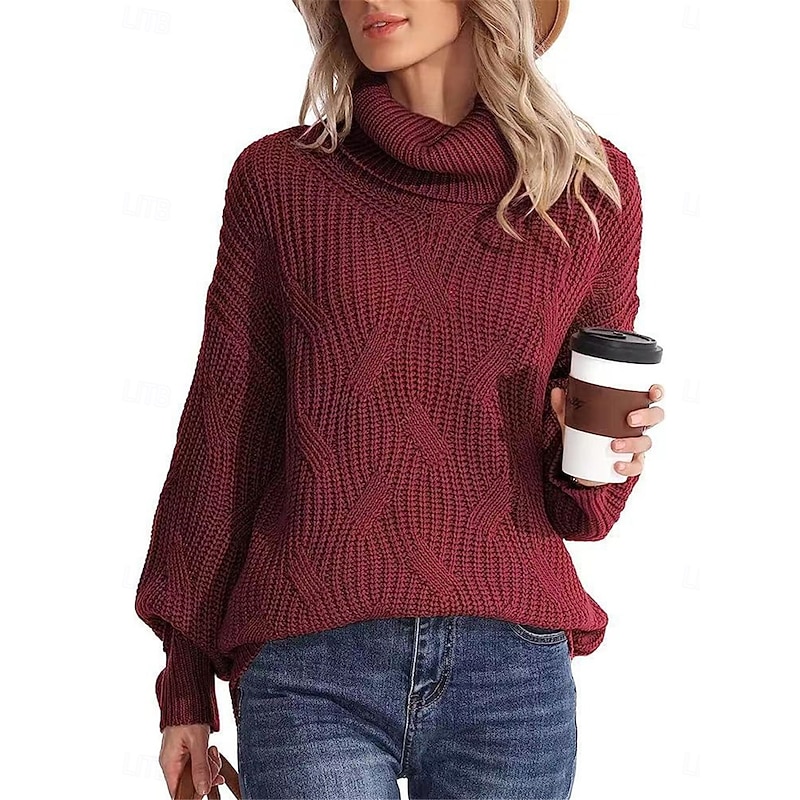 Women's Sweater Pullover Sweater Jumper Casual Soft Pure Color Ribbed Turtleneck Knitted Long Sleeve Regular Tops Knit Outdoor Daily Weekend Wine Blue Fall Winter3