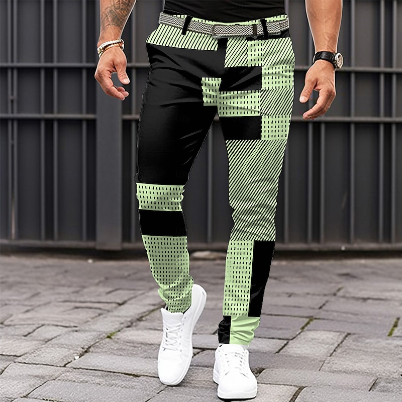 Men's Geometric Color Block Patchwork Dress Pants Mid Waist Business Casual Formal Dailywear Zipper Pocket Summer Spring Fall 3D Print Black Pink Blue